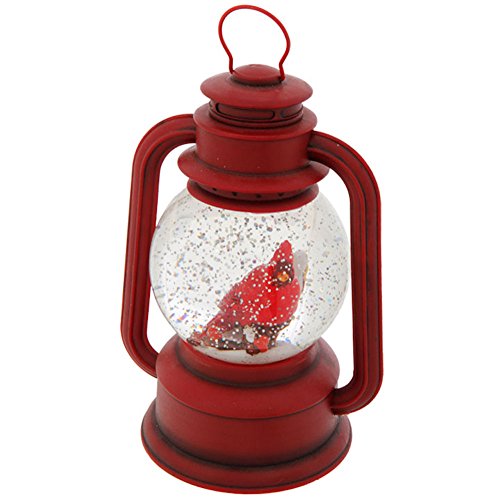 Red Lighted Lantern with Cardinal Bird in Continuous Swirling Glitter Snowglobe Decor, 9.5 Inch, Battery Operated
