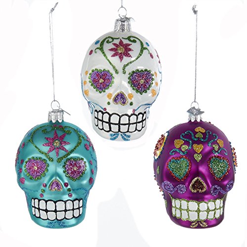 Kurt Adler Noble Gems Sugar Skulls Glass Ornaments Set of 3