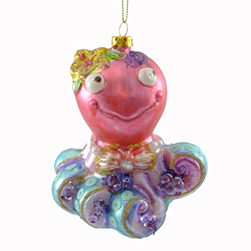 Holiday Ornament OCTOPUS W/ FLOWER BOW ORNAMENT Glass Fish Sea Christmas Glass TC5571