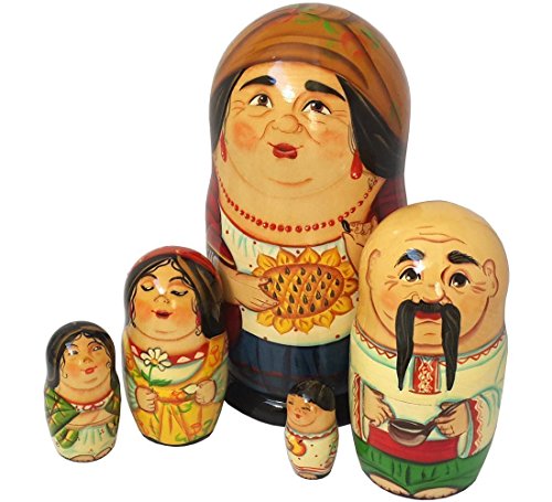 Vintage Nesting Dolls Matryoshka Mummy with Sunflower – Rare Ukrainian Stacking Dolls – Wooden Babushka – Doll Family of 5 pc set – Unique Gift for Grandma and Grandpa (7261)
