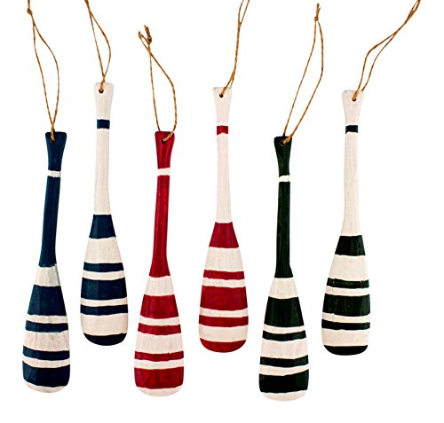 Green Red and Blue Wood Boat Oars Christmas Holiday Ornaments Set of 6