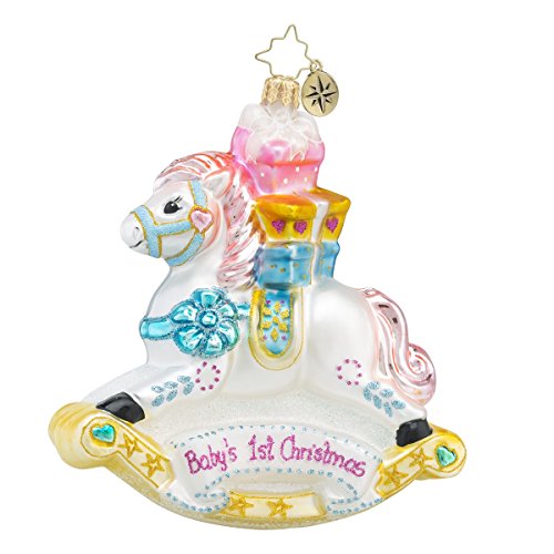 Christopher Radko Rockin’ Newborn Rocking Horse Baby’s First Christmas Glass Christmas Ornament – 4.5″h.