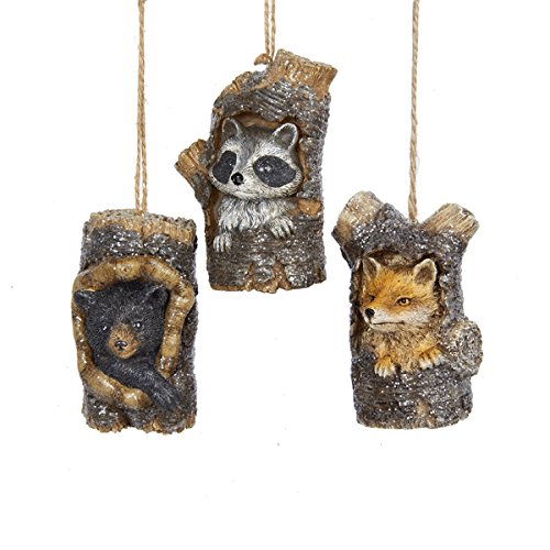 Kurt Adler 3.5″ Resin Nature Bear, Raccoon & Fox IN Wood Ornaments 3/asstd