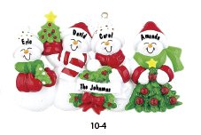 Snow Family of 4 Personalized Christmas Tree Ornament