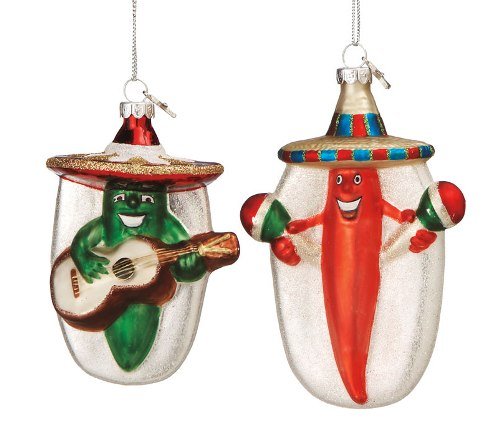 Sombrero Red Hot and Green Chili Pepper Glass Holiday Ornaments Set of 2