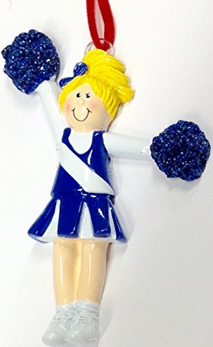 Blonde Cheerleader Girl in Blue Uniform with Pom Poms Christmas Ornament