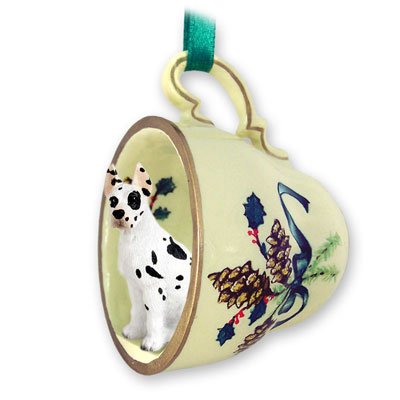 Great Dane Harlequin Tea Cup Green Holiday Ornament