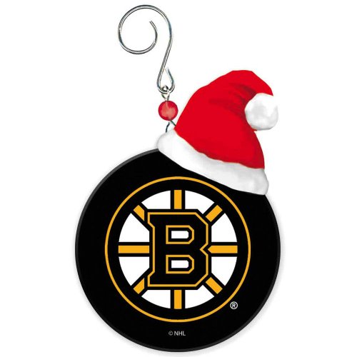Boston Bruins Team Puck With Santa Hat Christmas Ornament by Fans With Pride