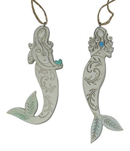Mermaids Holding Hearts Embossed Christmas Holiday Ornaments Set of 2