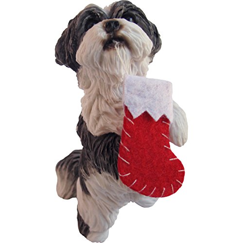 Sandicast Christmas Holiday Ornament – Shih Tzi Silver and White with Stocking in Mouth (XSO16408)