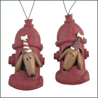 Set of 2 Dogs with Hats in Fire Hydrant Ornaments