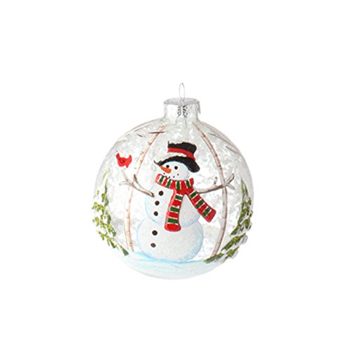 Snowman with Cardinal Bird, Snow and Christmas Trees Ball Ornament, 4 inches