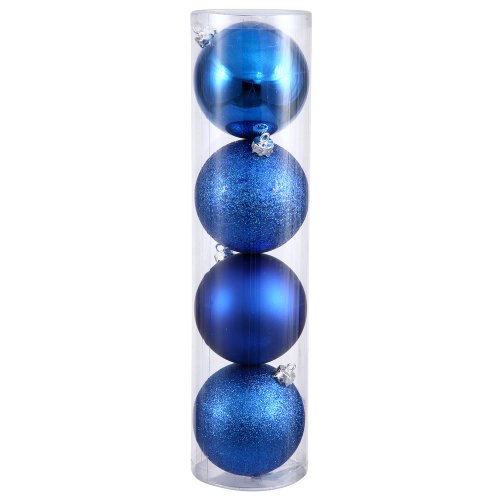 Vickerman 4-Finish Assorted Plastic Ornament Set & Seamless Shatterproof Christmas Ball Ornaments with Drilled Cap, Assorted 4 per Bag, 12″, Blue