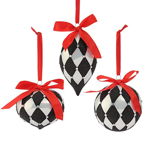 RAZ Imports – Town Square Theme – Black and White Ornaments with Red Satin Ribbon (Set of 3 Harlequin Mixed Shapes)