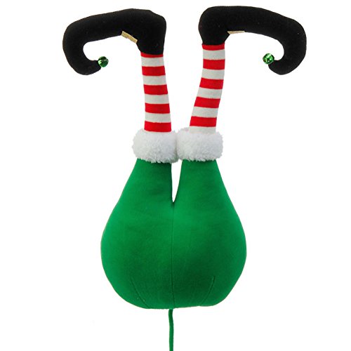 Green Plush Elf Butt Pick Accent Christmas Tree Ornament Decor, 20 Inch x 9 inch x 5.5 inch on Bendable Stick