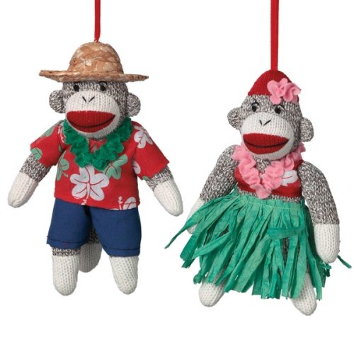 Hula Sock Monkey Ornaments Set of 2 Man and Woman