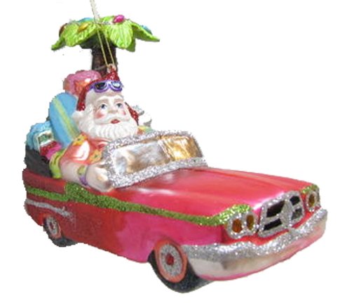December Diamonds Blown Glass Christmas Ornament – Tropical Santa Claus in Pink Car