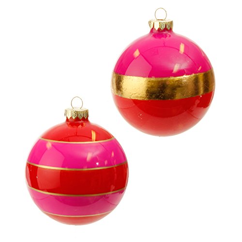 RAZ Imports – 4″ Striped Ball Christmas Tree Ornaments (Pink/Red/Gold)