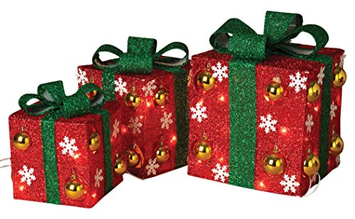 Set of 3 Large Lighted Snowflake and Ornament Holiday Gift Boxes – Indoor/Outdoor Christmas Decoration (Red)