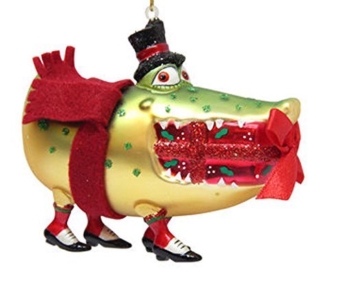 December Diamonds Blown Glass Ornament – Crocodile Biting Gift and Wearing a Top Hat