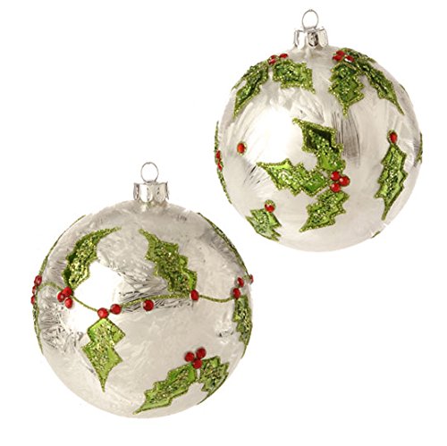 RAZ Imports – 4″ Glittered Holly Ball Ornaments – Set of 2