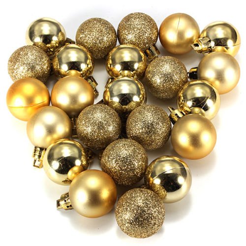 Decorative Hanging Ornaments Indoors Outdoors Christmas Tree Baubles Plain Glitter DIY Decoration Gift Xmas Ornament Ball Plastic 30mm 1 Box of 24Pcs (Gold)