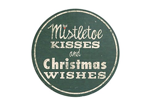 16 Inch Round MDF Wooden Mistletoe Kisses Christmas Wishes Wall Décor Plaque