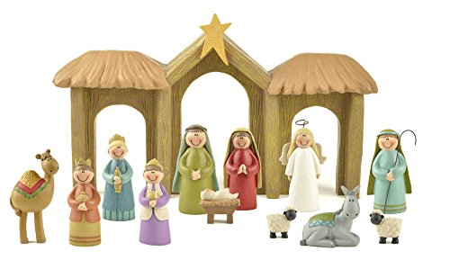 Smiling Face Pageant Full Nativity with Stable 5 x 7 Resin Stone Christmas Figurine Set of 13