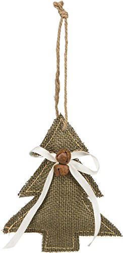 Burlap Christmas Tree Ornament with White Ribbon, Jingle Bells and Jute Hanger 6-in