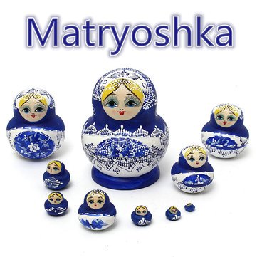 1 Set 10Pcs Russian Dolls Wooden Hand Painted Nesting Babushka Matryoshka Present Gift^.