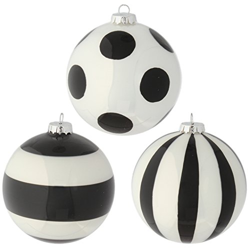 RAZ Imports – 4″ Glittered Black and White Striped and Polka Dot Glass Ball Christmas Tree Ornaments (Set of 3)