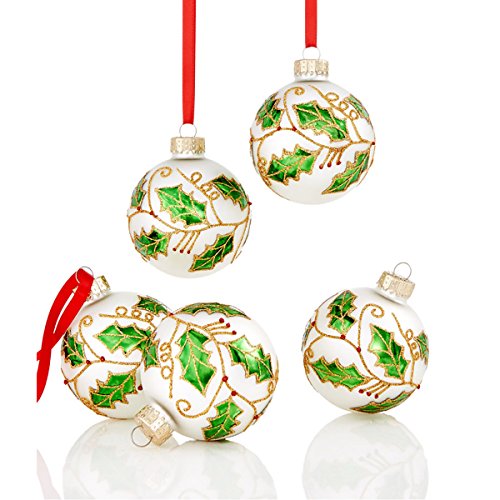 Holiday Lane Set of 5 White Holly Ball Ornaments