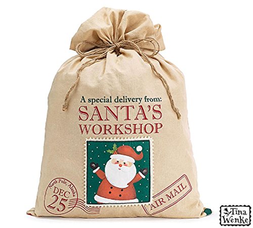 Christmas Holiday Santa’s Linen Toy Bag Jute Drawstring with Message: “A Special Delivery From: Santa’s Workshop”