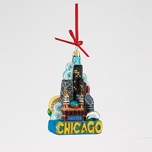 5.5″ Noble Gems Glittered Historical City Scapes of “Chicago” Glass Christmas Ornament