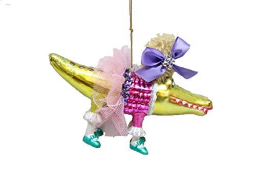 4″ Alligator Wearing Tutu Wig Whimsical Glass Christmas Ornament