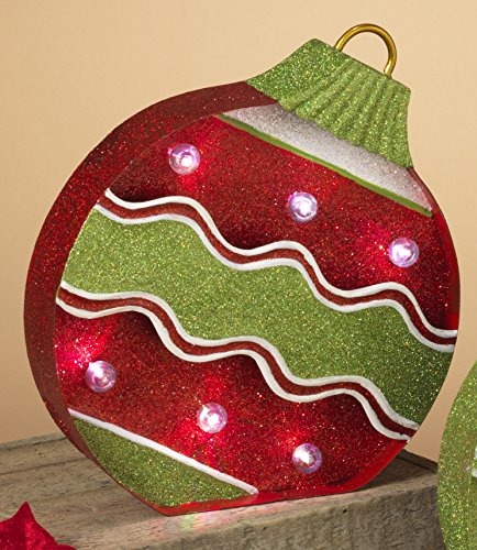 Light-Up Glittered Metal Christmas Ornament Standing Tabletop Decoration (Red with Green Stripe)