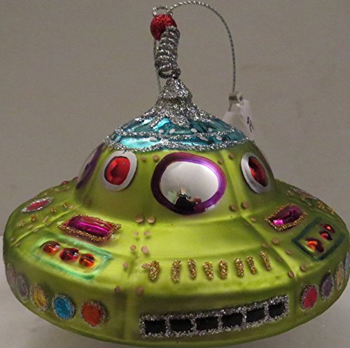 December Diamonds Blown Glass Green Space Ship Ornament…Fun,Colorful, & approximately 5 inches wide. An Ornament that will fascinate your Child:)Mailed within 2 business days!
