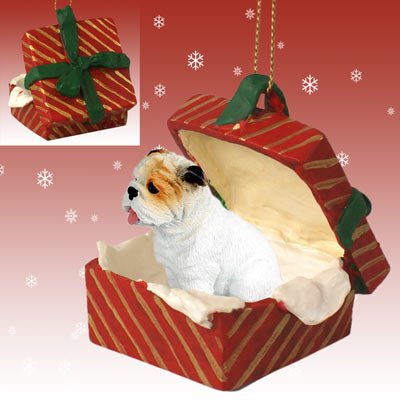 BULL DOG White English BullDog sits in a Red Gift Box Christmas Ornament New RGBD05C