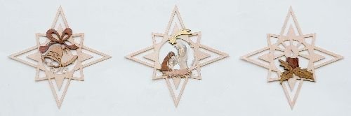 Christmas and Nativity Motif in Stars German Wooden Ornaments Set Decorations