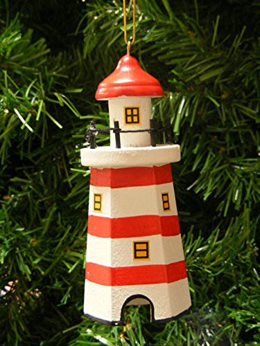 Lighthouse 6 Sided Wooden Coastal Marine Holiday Ornament 4-1/4-in (Red)