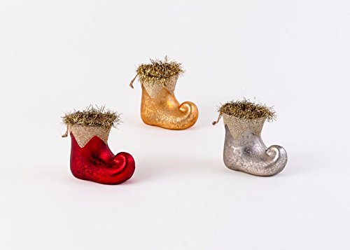 180 Degrees Glass Elf Boot Christmas Tree Ornaments with Tinsel, Set of 3