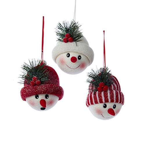 Kurt Adler 5″ Fabric Snowman Head W/red & White Hats Ornaments 3/asstd.