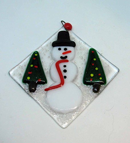 Snowman with Two Christmas Trees Handmade Fused Glass Ornament