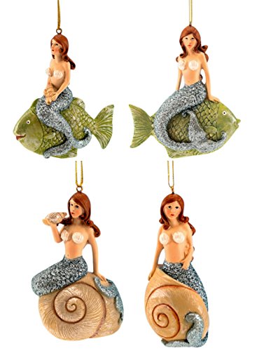 Mermaids Riding Fish and Shells Christmas Holiday Ornaments Set of 4
