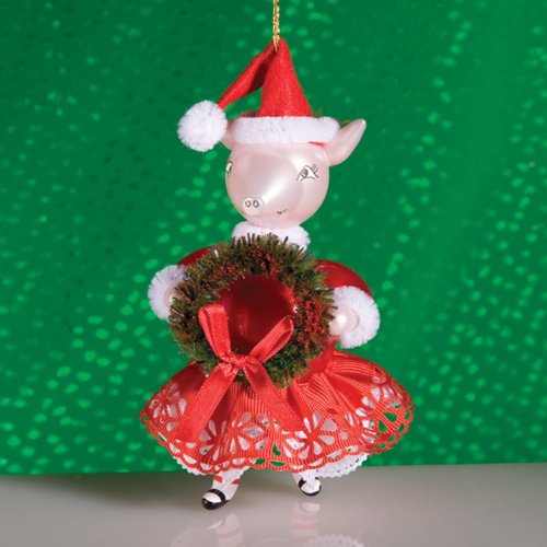 De Carlini Pig with Wreath Italian Mouthblown Christmas Ornament