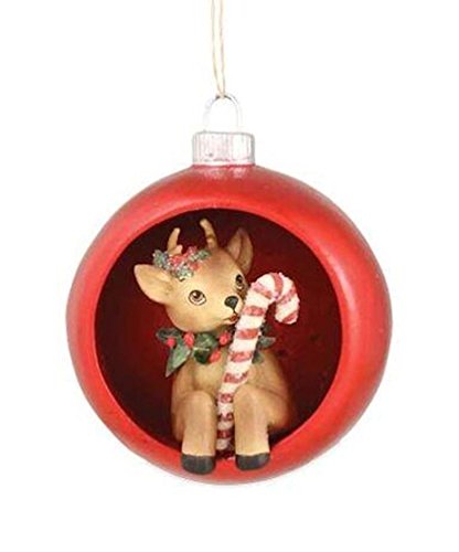 Bethany Lowe Retro Reindeer Deer with Candy Cane Diorama Ornament, 4″