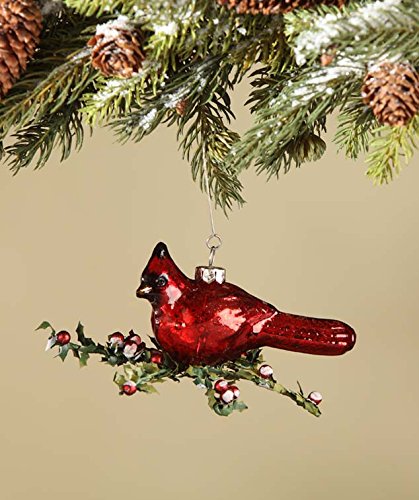 Cardinal Bird with Holly Glass Ornament Bethany Lowe New