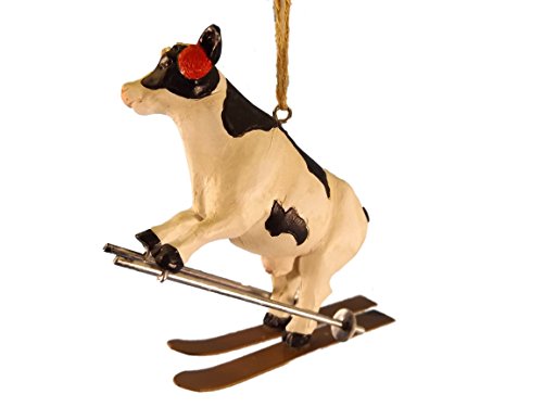 Holstein Cow Skiing with Ear Muffs and Ski Poles Christmas Tree Ornament