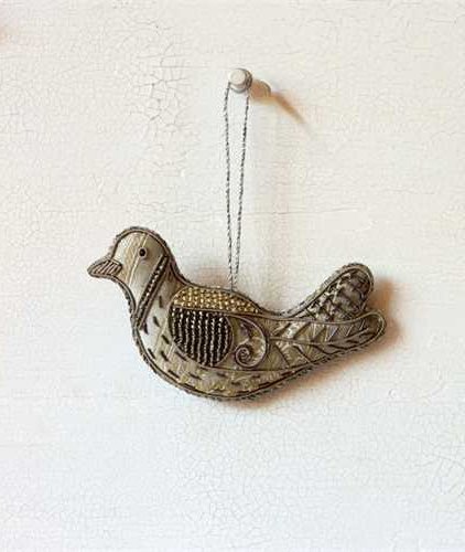 Silver Fabric Embroidered Dove Hanging Christmas Tree Ornament