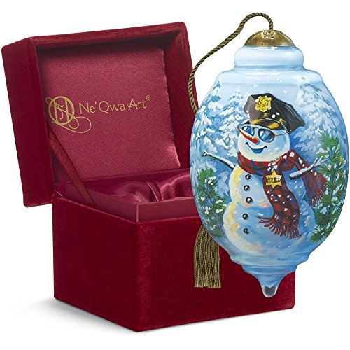Ne’Qwa Art, Christmas Gifts, “Police Snowman” Artist Dona Gelsinger, Petite Trillion-Shaped Glass Ornament, #7161183